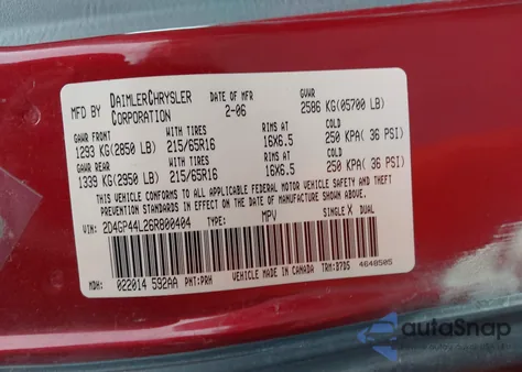 2006 Dodge Grand Caravan Sxt from USA, damaged, VIN 2D4GP44L26R800404